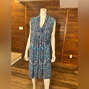 Dress XLarge Stretch paisley Cowl Neck Gathered Front Sleeveless Blue White